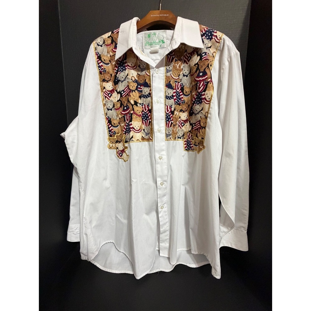 Quacker Factory Americana Teddy Bear Rhinestone Button Front Shirt White 2X USA
